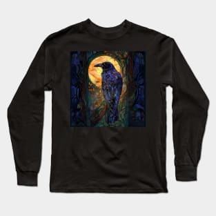 Beautiful Raven in a Forest with Full Moon - stained glass effect Long Sleeve T-Shirt